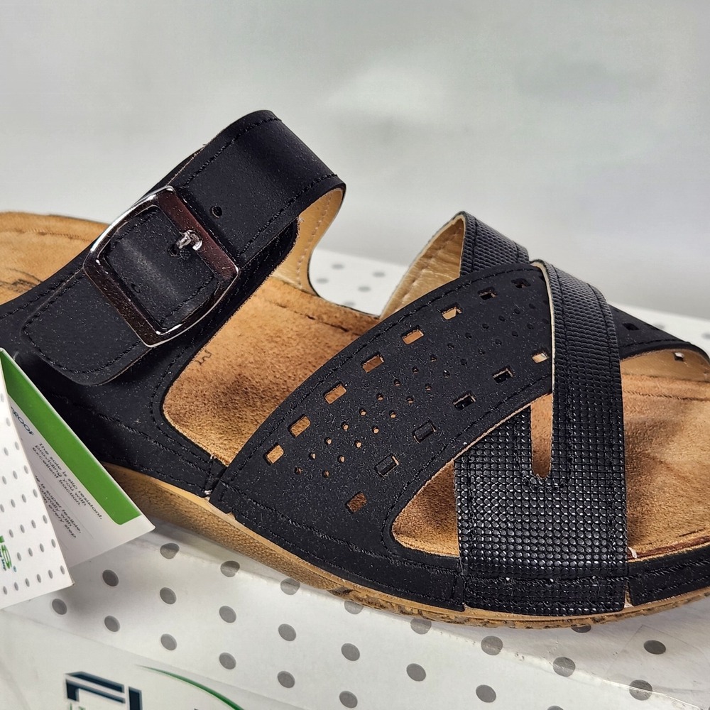 Flexus Denia Sandal Women Size 5.5-6 Black Leather Comfort Slide Buckle Strap